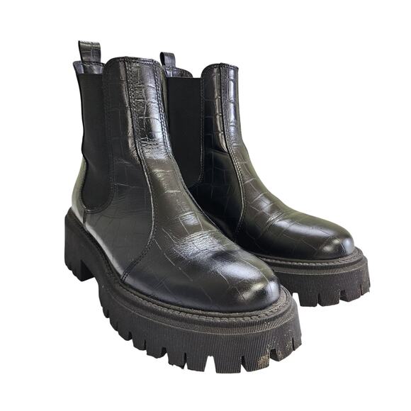 Schuh Womens Avelina Leather Chunky Chelsea Boots Size US 9 Black Croc Leather - Picture 2 of 15